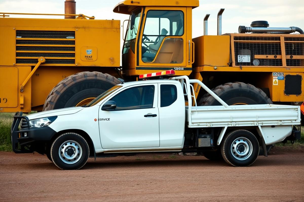 Service ute beside heavy machinery